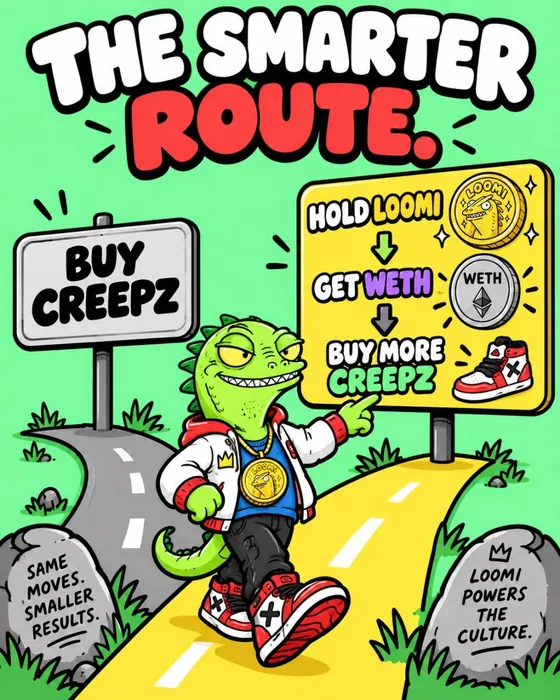 LOOMI mascot pointing at a road sign reading hold LOOMI, get WETH, buy more Creepz