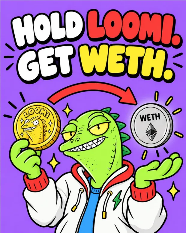 LOOMI mascot holding a LOOMI coin that turns into WETH